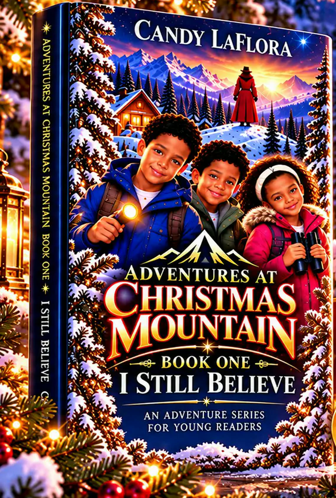 I Still Believe, Book One of Adventures At Christmas Mountain — three children bundled in winter coats on a snowy mountain road, one holding a glowing flashlight, another a pair of binoculars